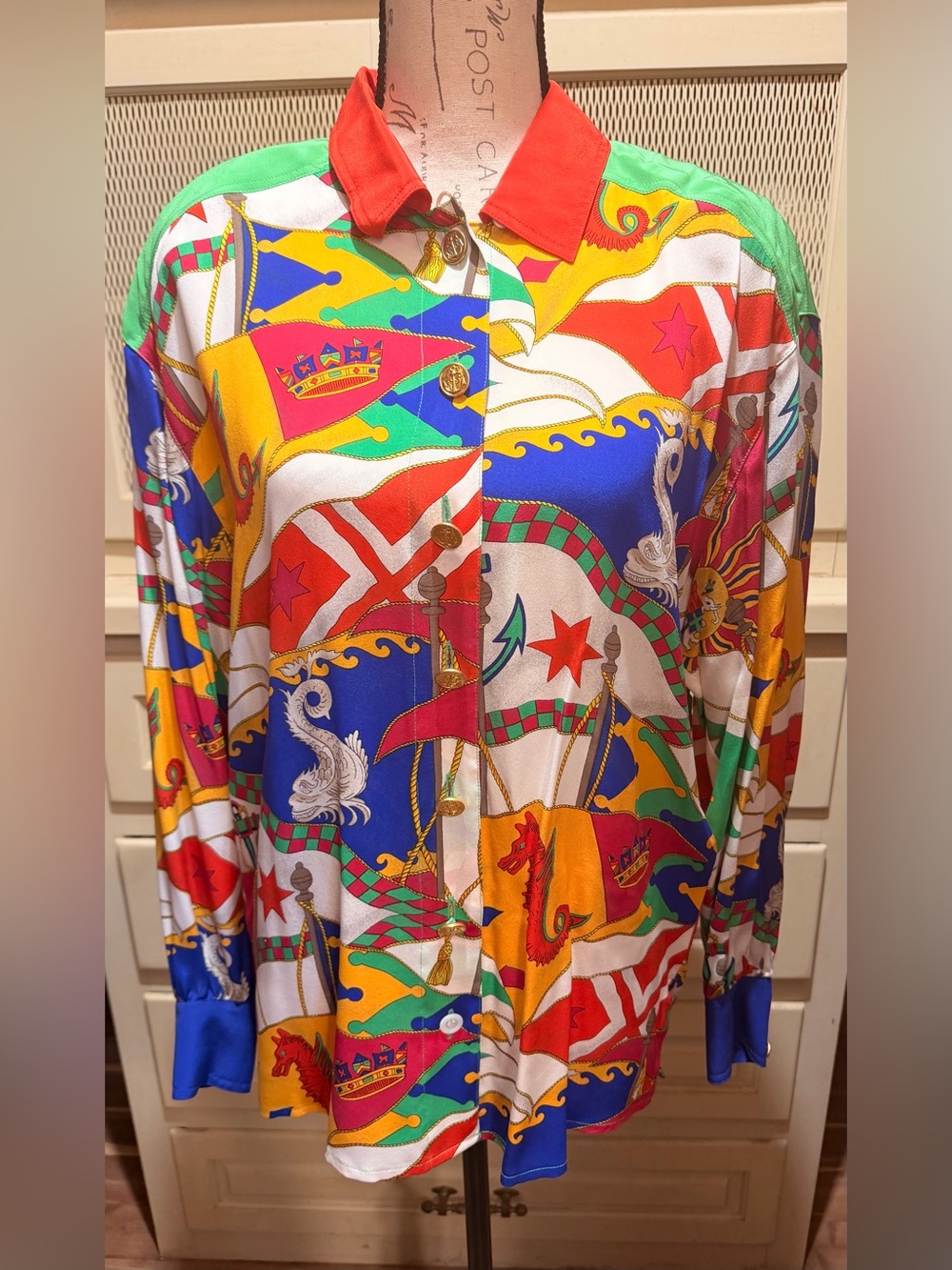 Vintage Escada Margaretha Ley Silk Flag Fantasy Print Blouse